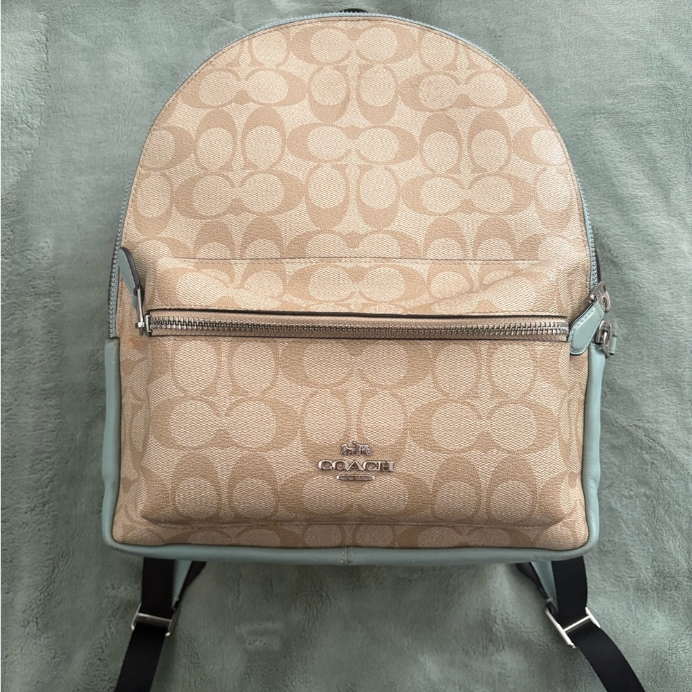 Coach Signature Beige and Light Blue Backpack